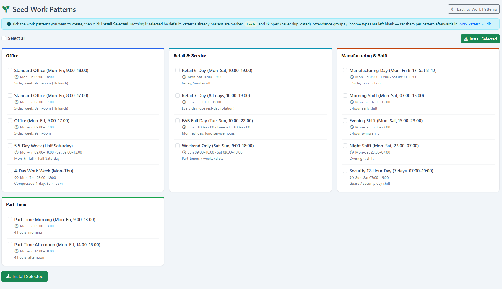 Work Patterns & Shift Schedules: Seed work patterns